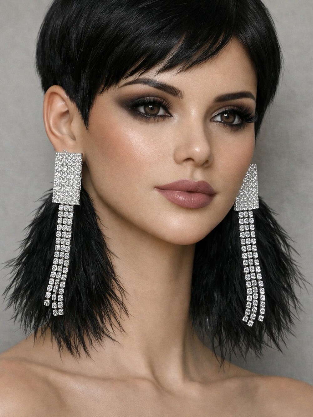 AALIYAH Black Feather & Silver Crystal Drop Earrings – Women’s Statement Jewelry